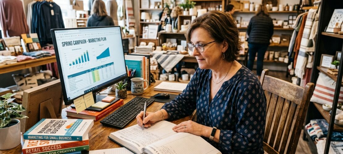 Woman in a cozy shop at a wooden desk, writing in a notebook while a computer screen shows charts and graphs in the foreground.