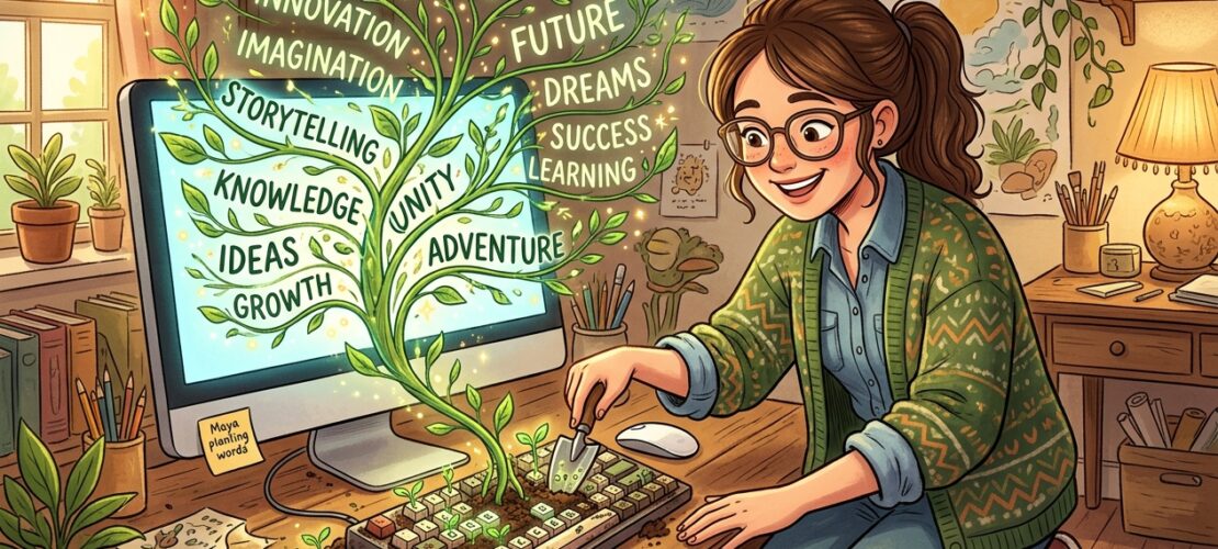 Woman with glasses kneels at a desk as a plant sprouts from a keyboard, growing into a glowing tree whose leaves spell words like creativity, growth, ideas, and storytelling.